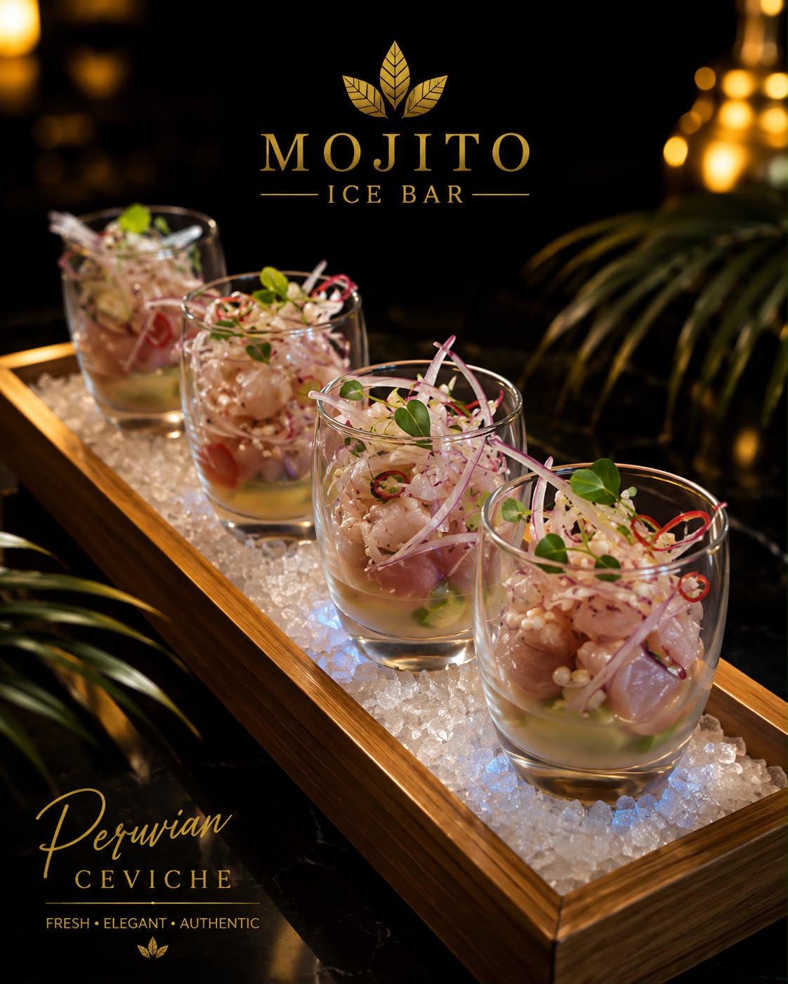 Peruvian ceviche served in four chilled glasses over crushed ice