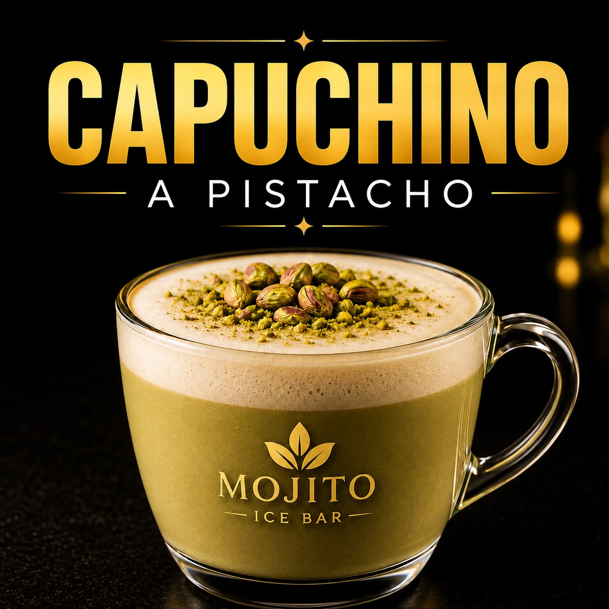 Capuchino a Pistacho — pistachio cappuccino topped with crushed pistachios