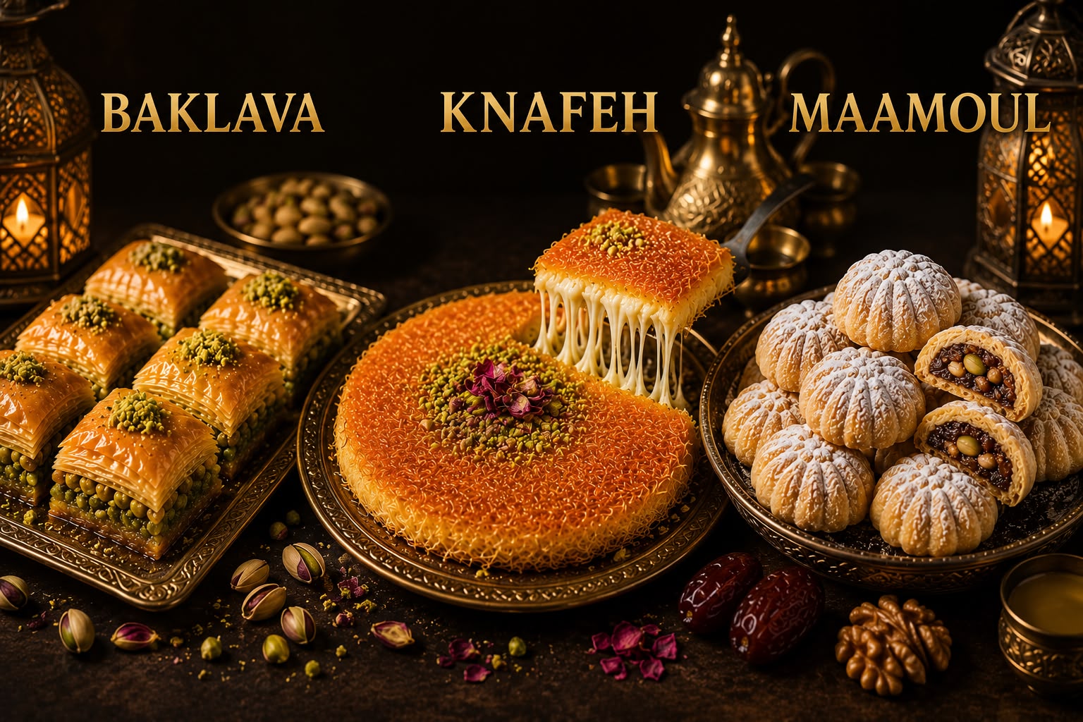 Baklava, knafeh and maamoul Arabic sweets on brass trays